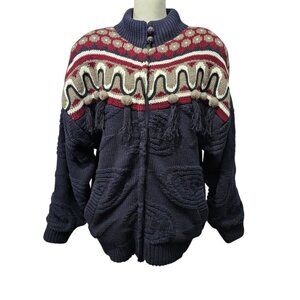 O'Rite Vintage Chunky Knit Zip Up Cardigan Boho Tassel Navy Sweater Jacket
